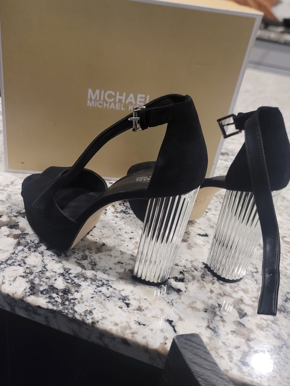 NWT Michael Kors Black Suede Platform Sandals with Silver Ribbed Block Heel